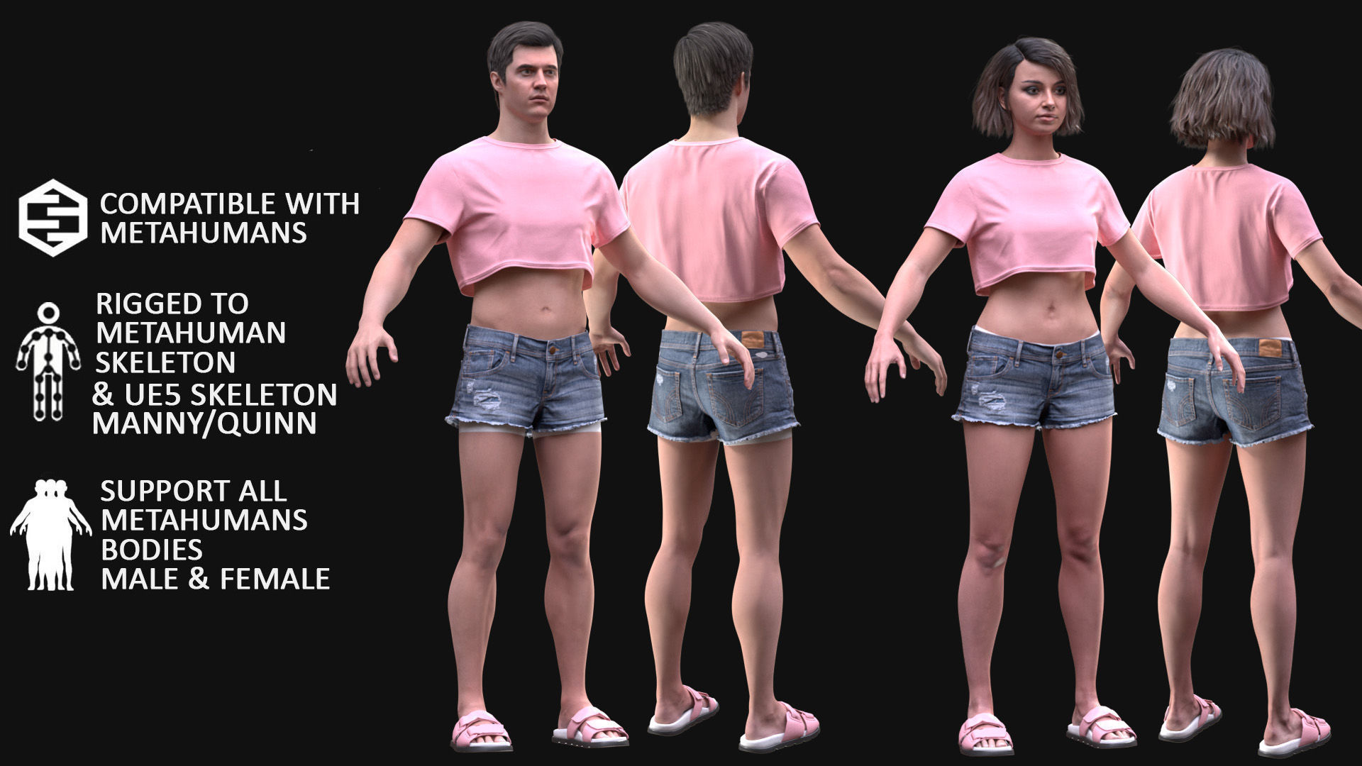 Summer Outfit 3 - Male - Female MH - UE5 Skeletons - Rigged Low-poly 3D model_2