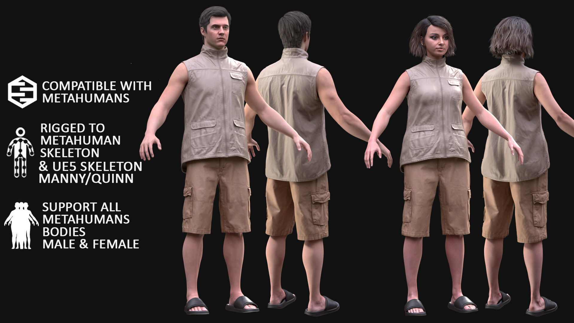 Summer Outfit 2 - Male - Female MH - UE5 Skeletons - Rigged Low-poly 3D model_2