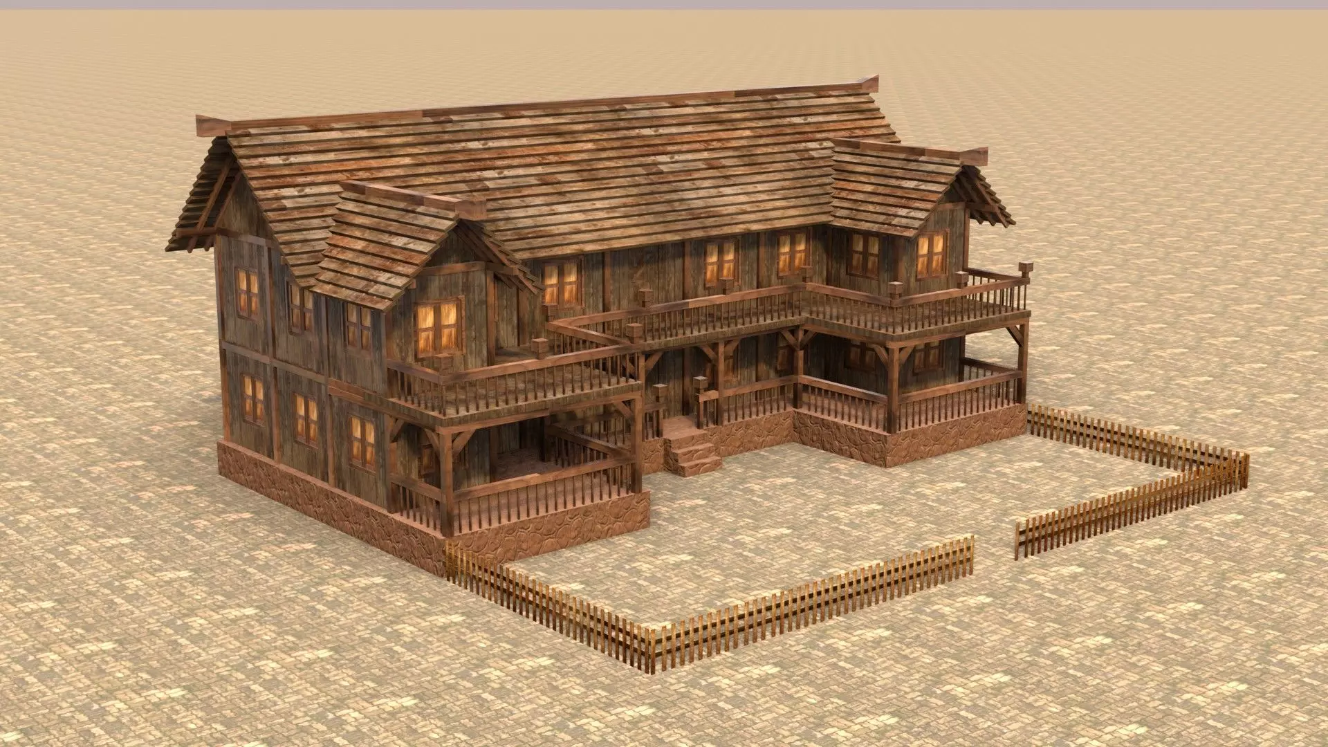 old village house medieval low poly Low-poly 3D model_0