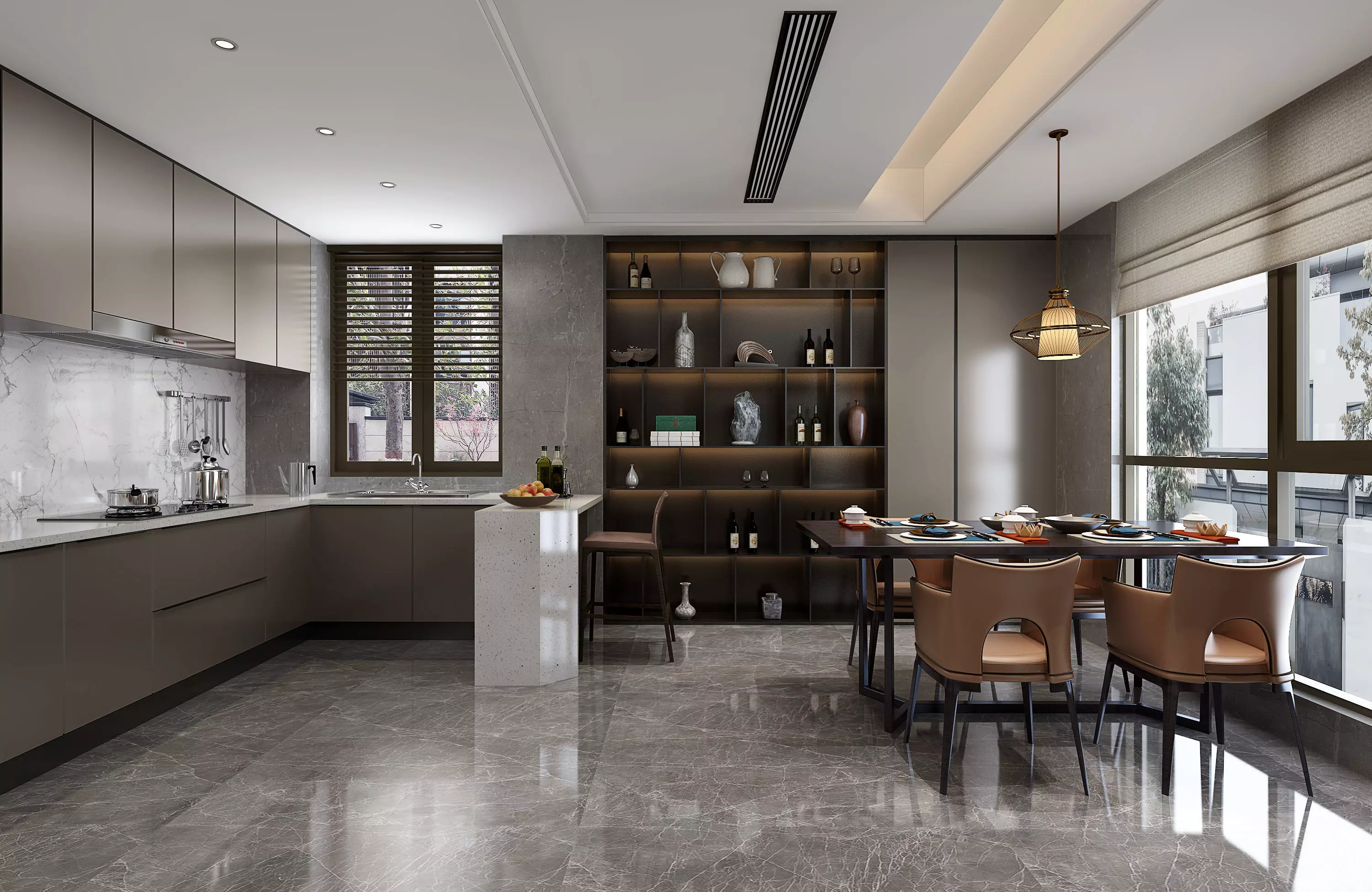 Modern dining room kitchen interior 3D model_0