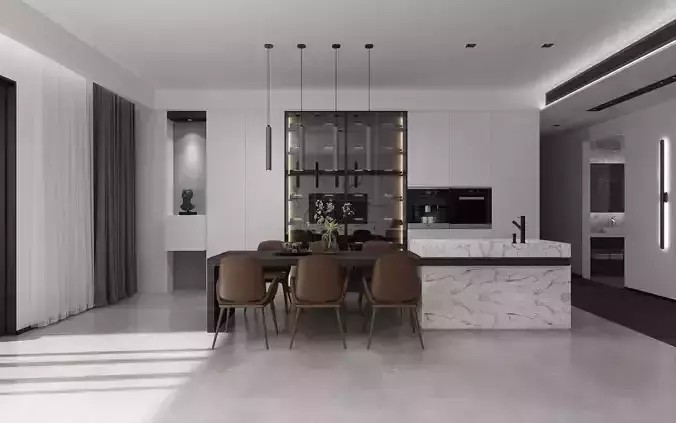 Modern dining room kitchen interior 3D model