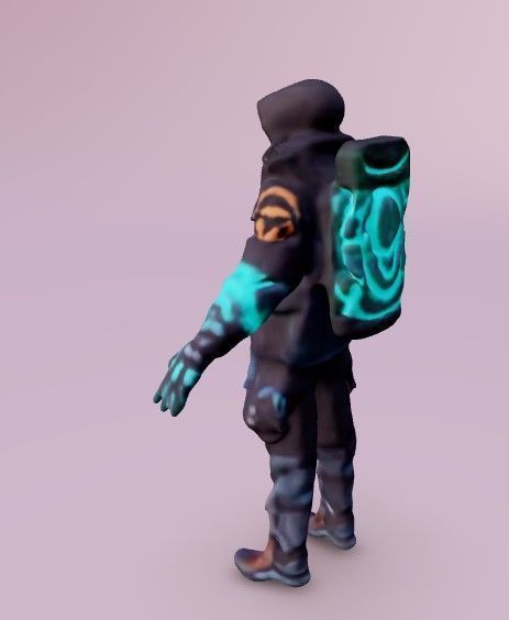 Futuristic character in a hooded jacket with glowing neon lines 3D model_3