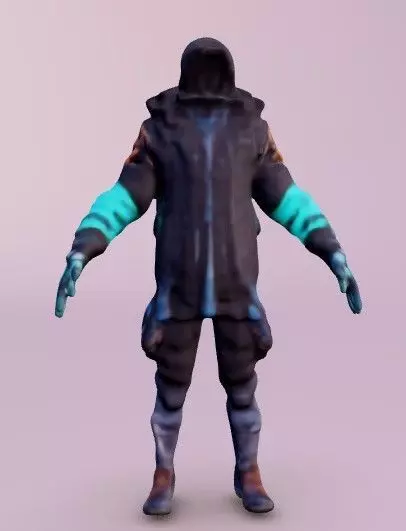 Futuristic character in a hooded jacket with glowing neon lines 3D model_0