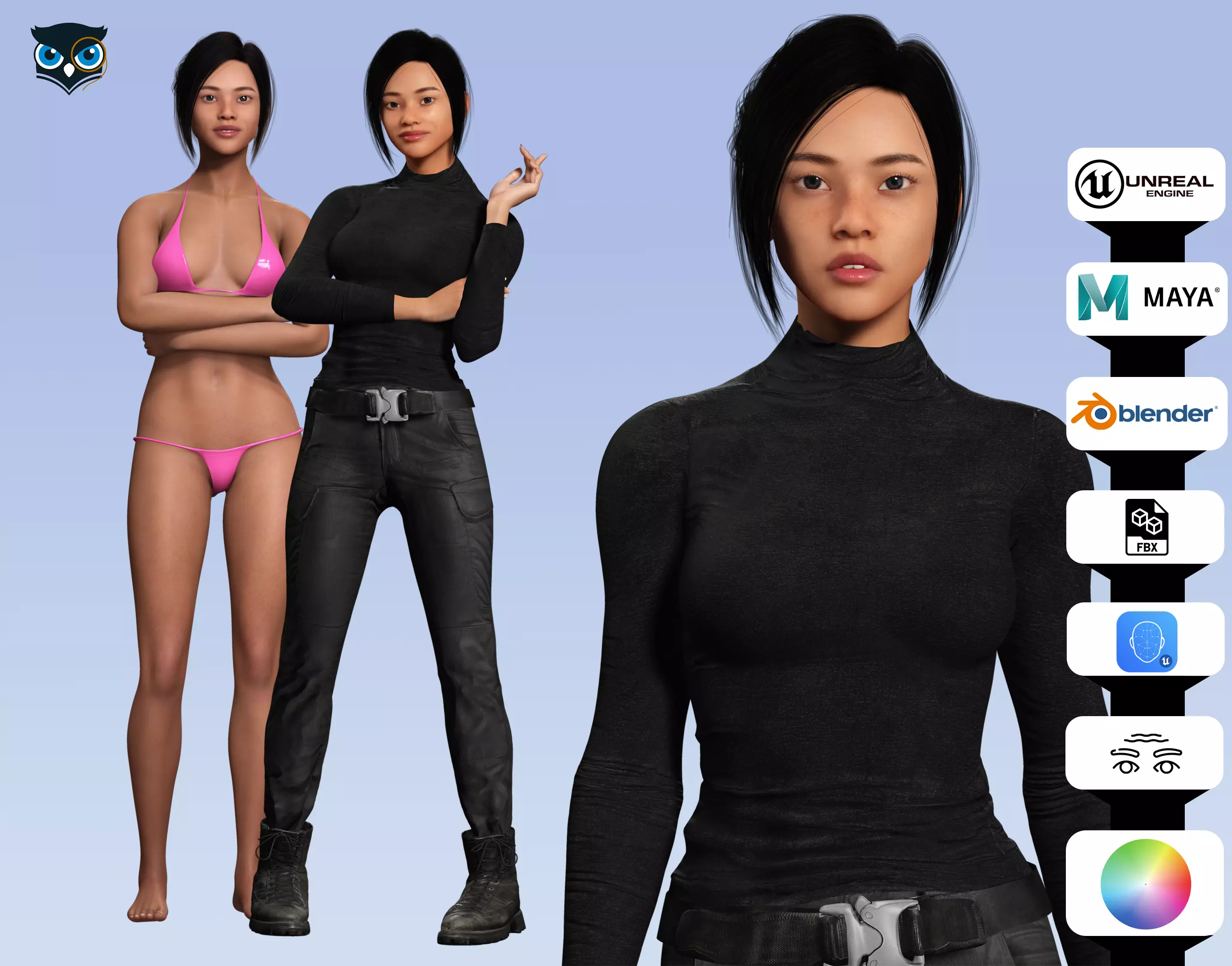 Modern Female 3D Character in Black Outfit Low-poly 3D model_0