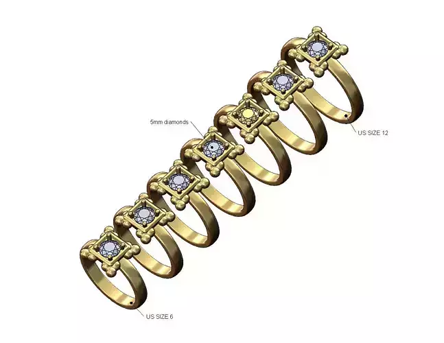 Beaded corners square 5mm diamond ring US sizes 6to12 