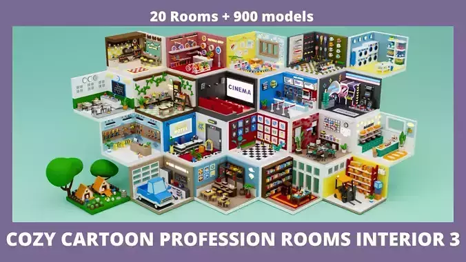 Cozy Cartoon Profession Rooms Interior 3 Low-poly 3D model