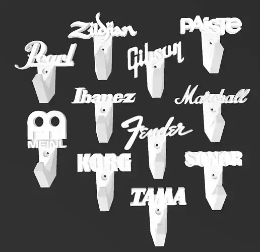 Pack of 11 coat rack hooks music bands 3D print model