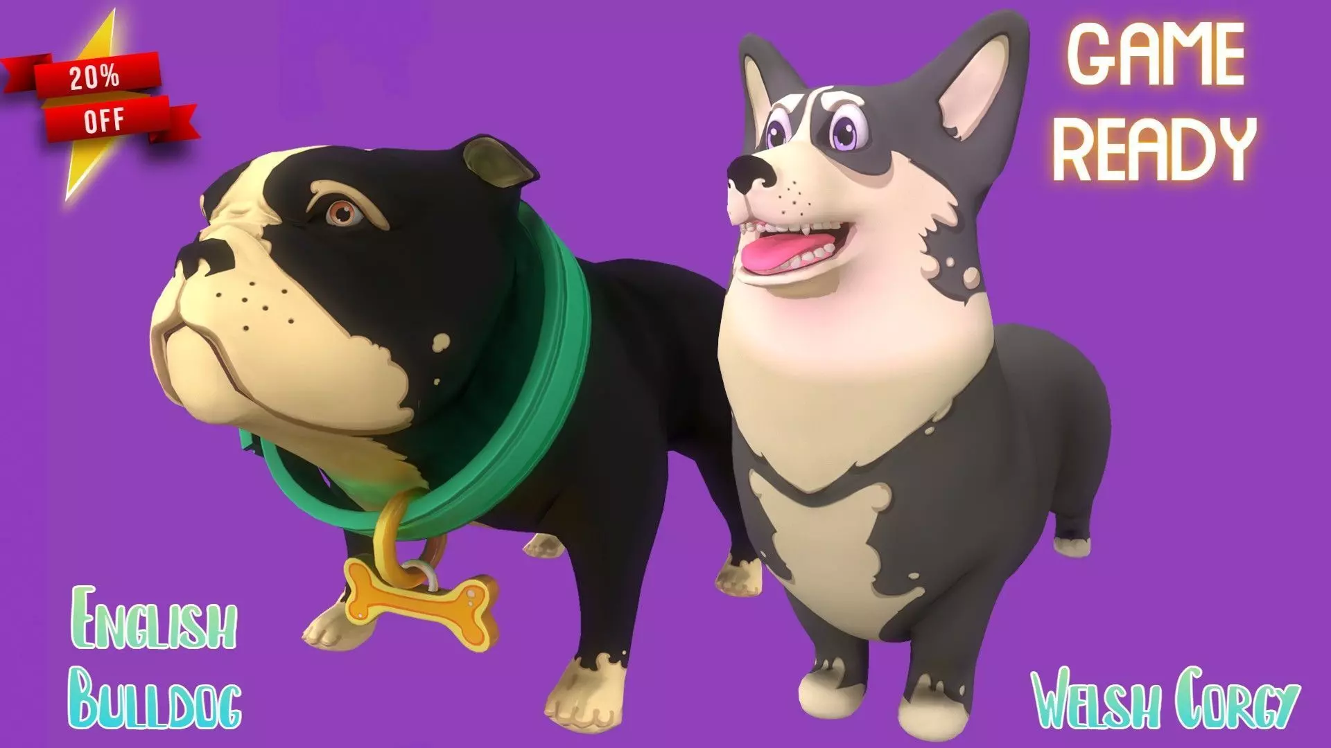Grey Corgy and Black Bulldog 3D Model Collection_0