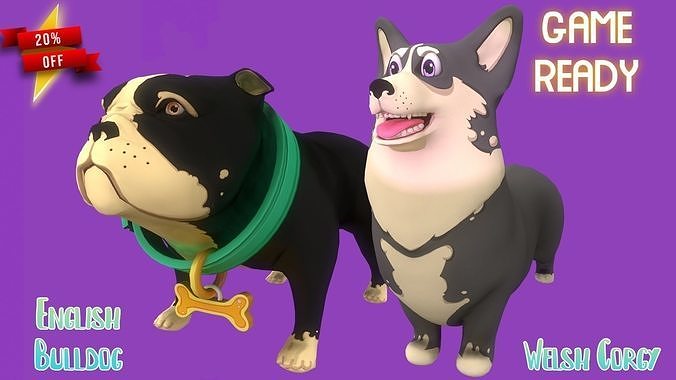 Grey Corgy and Black Bulldog 3D Model Collection