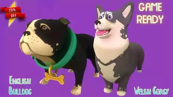 Grey Corgy and Black Bulldog 3D Model Collection