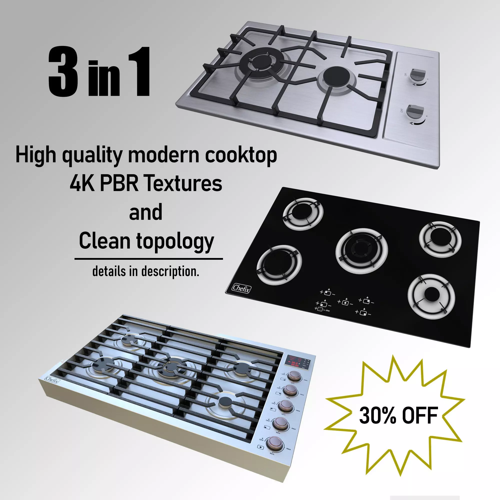 3 in 1 - Realistic Cooktop with 4K PBR Textures Low-poly 3D model_0