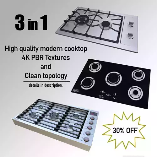 3 in 1 - Realistic Cooktop with 4K PBR Textures Low-poly 3D model