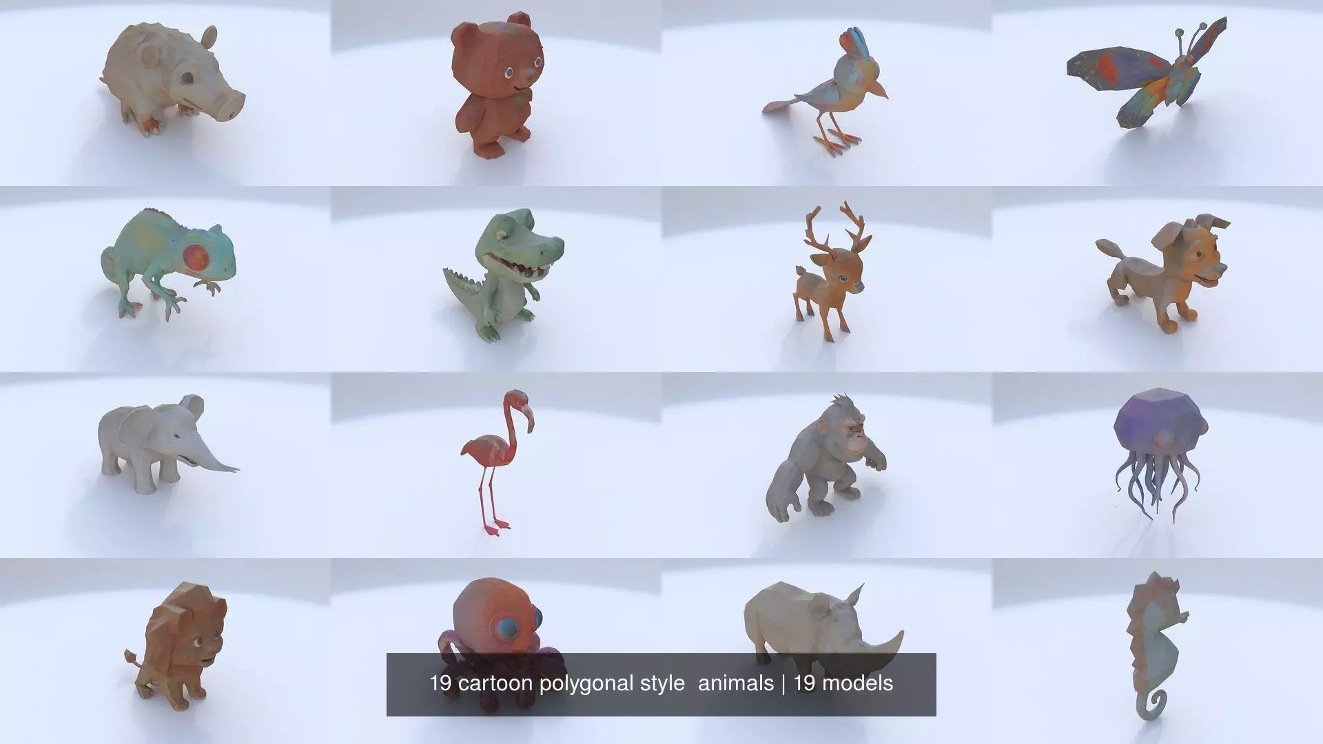 19 cartoon polygonal style animals 3D Model Collection_0