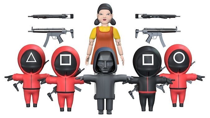 Squid game low poly rigged game ready agents solider and doll Low-poly 3D model