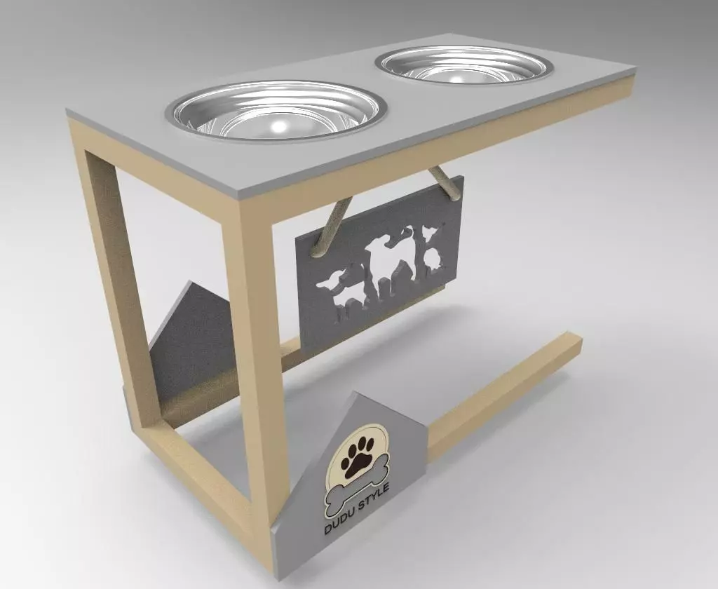 Modern Dual-Bowl Pet Feeder with Decorative Panels 3D print model