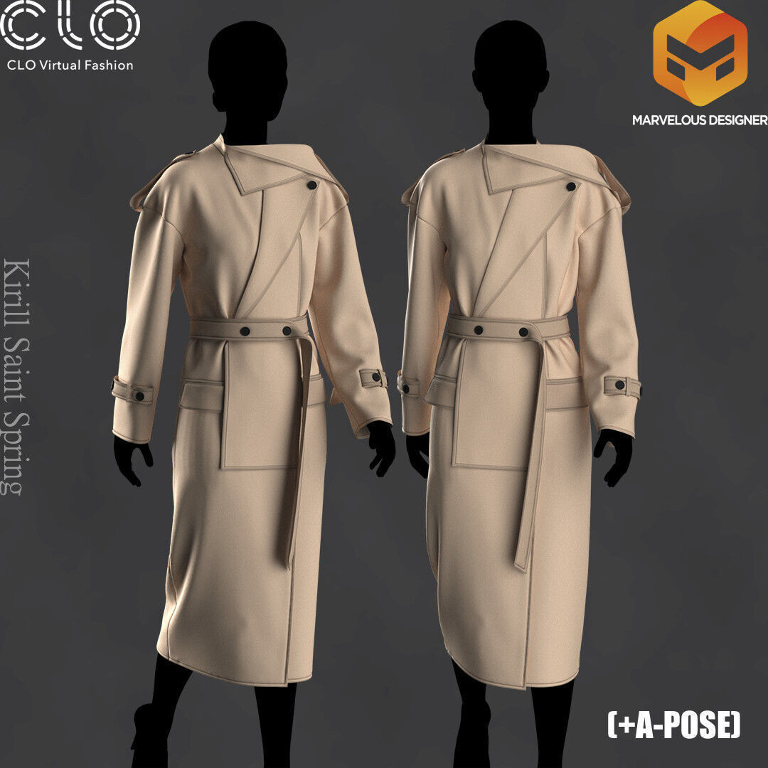 Coat Female Marvelous designer Clo3d OBJ mtl FBX ZPRJ 3D model_1