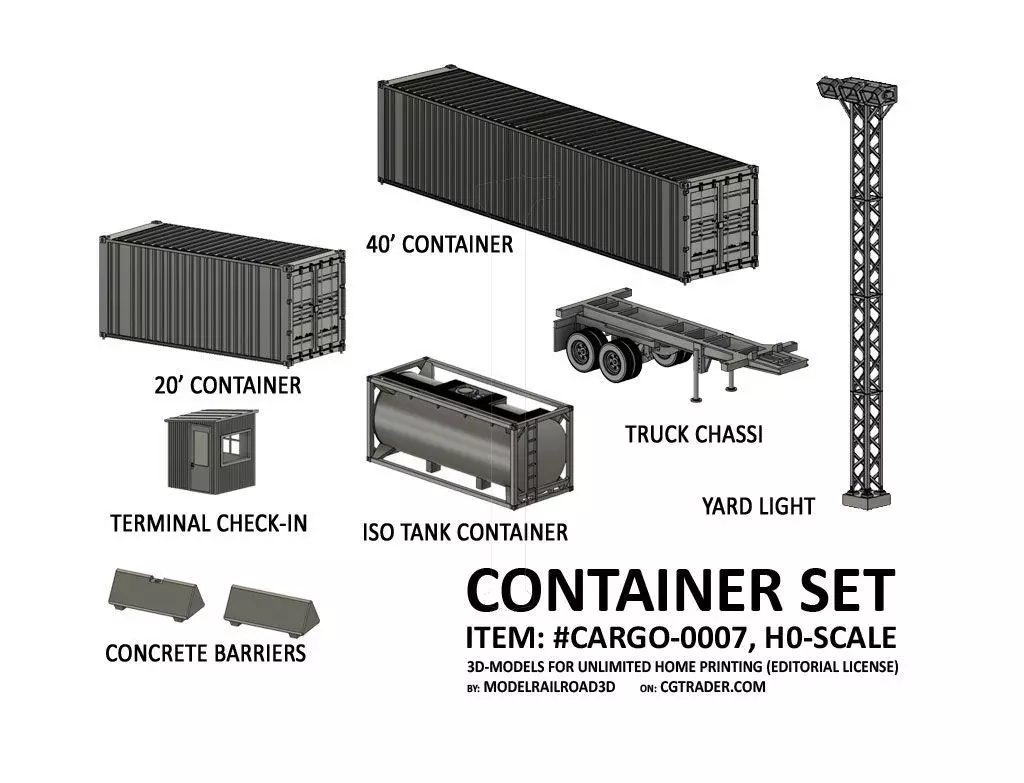 CARGO-0007 Container ISO standard H0-scale 8 items 3D print model_0