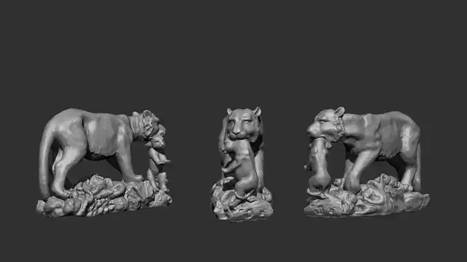 3D Printable Tiger Carrying Cub by the Neck - Artistic Sculpture