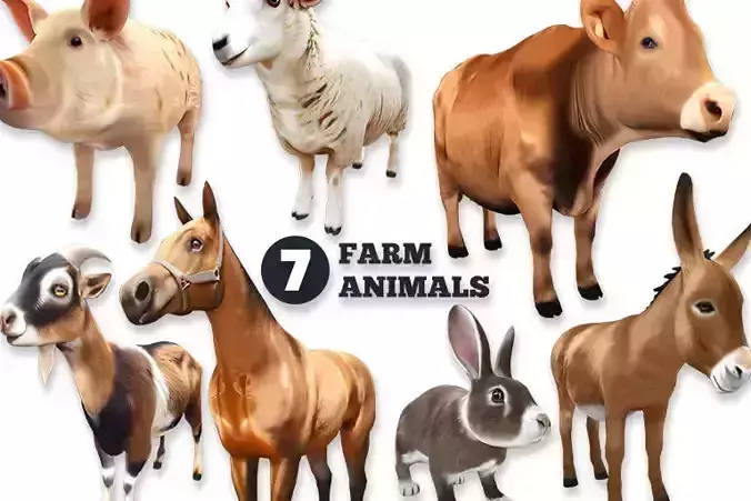 Farm Domestic Animals Bundle - 7 Set Models Low-poly 3D model
