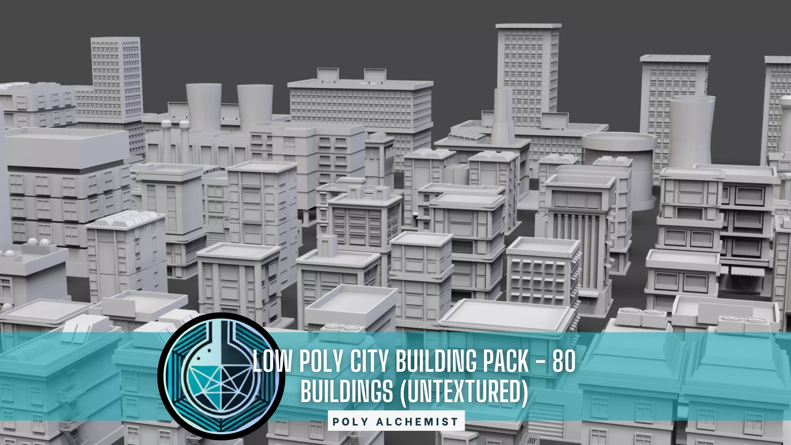 Low Poly City Buildings Pack Of 80 - Game Ready - Untextured  Low-poly 3D model_0