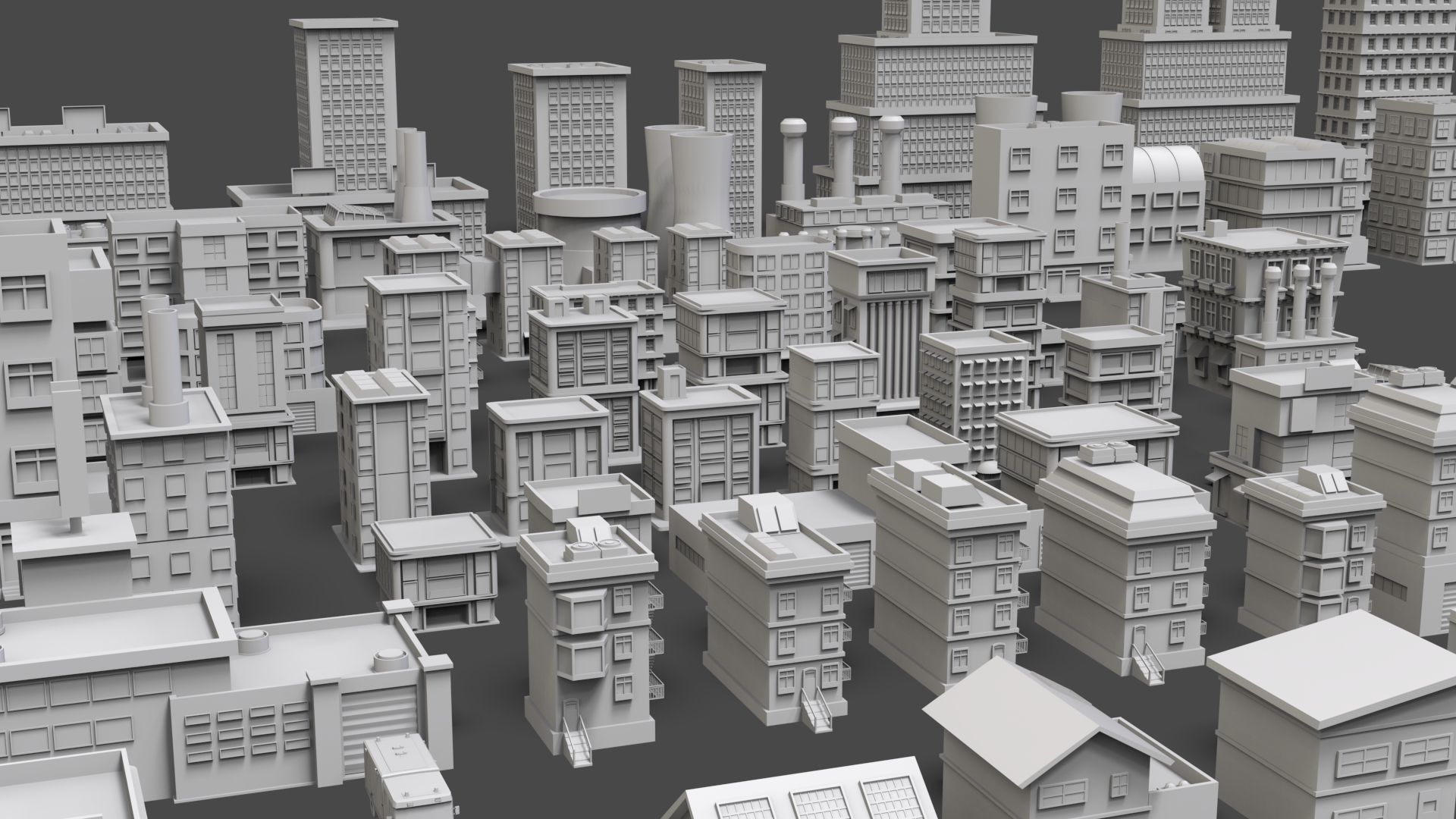 Low Poly City Buildings Pack Of 80 - Game Ready - Untextured  Low-poly 3D model_11