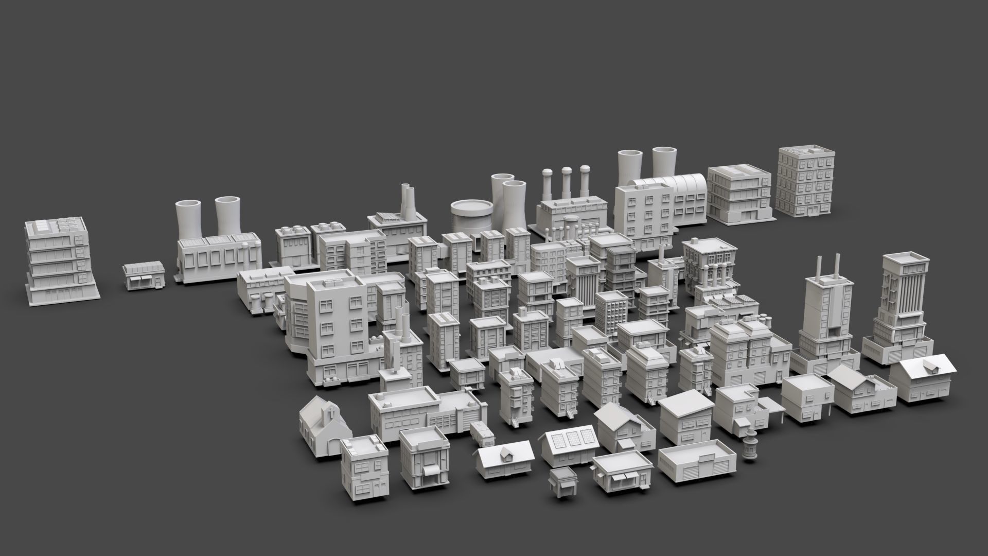 Low Poly City Buildings Pack Of 80 - Game Ready - Untextured  Low-poly 3D model_1