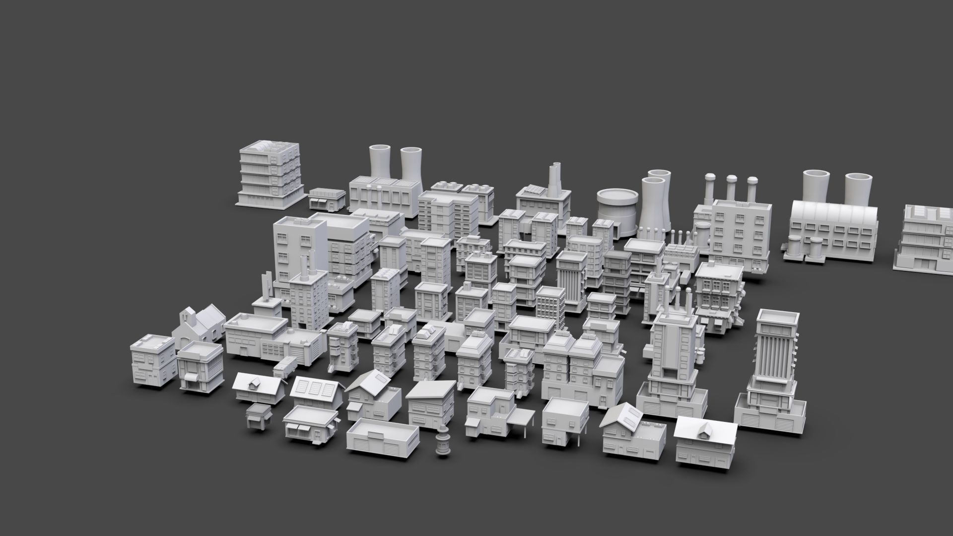 Low Poly City Buildings Pack Of 80 - Game Ready - Untextured  Low-poly 3D model_9