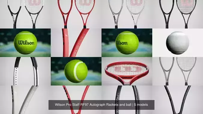 Wilson Pro Staff RF97 Autograph Rackets and ball 3D Model Collection