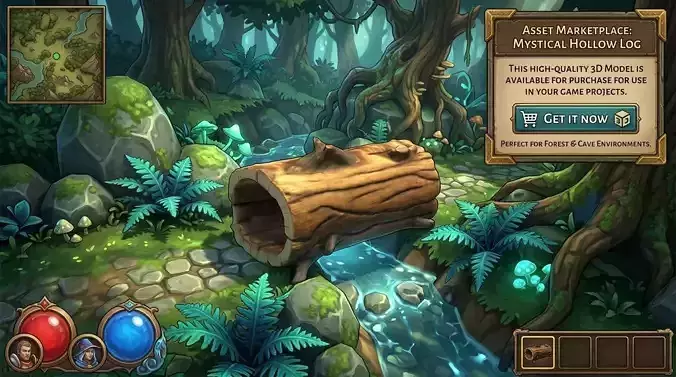 Hollow Log stylized for game ready 3D Game Ready Model