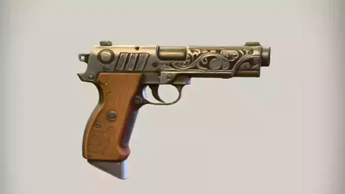 ornate handgun with wood grip