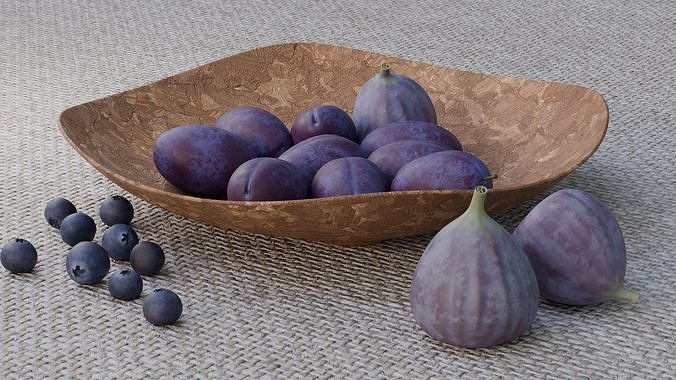 Fruit Plums Figs Blueberries with plate 3D model 2