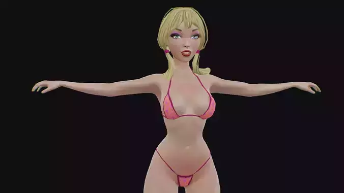 Young Woman Girl Blonde Lady Slim Bikini Wear Subdivision 3D