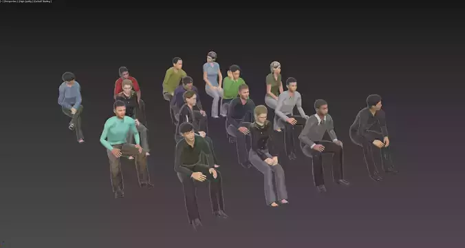 Group of 16 animated Female and Male Characters - Sitting Low-poly 3D model