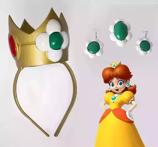 Princess Daisy crown earrings and brooch 3D print model
