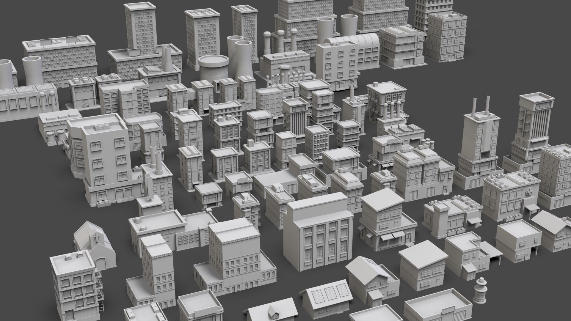 Low Poly City Buildings Pack Of 90 - Game Ready - Untextured  3D model_2