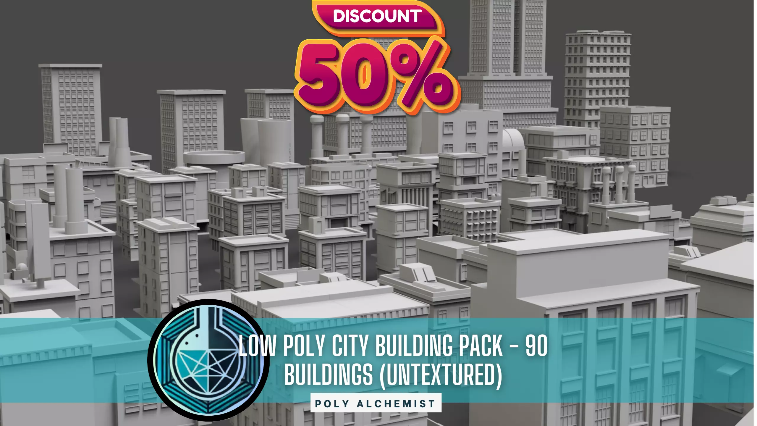 Low Poly City Buildings Pack Of 90 - Game Ready - Untextured  3D model_0