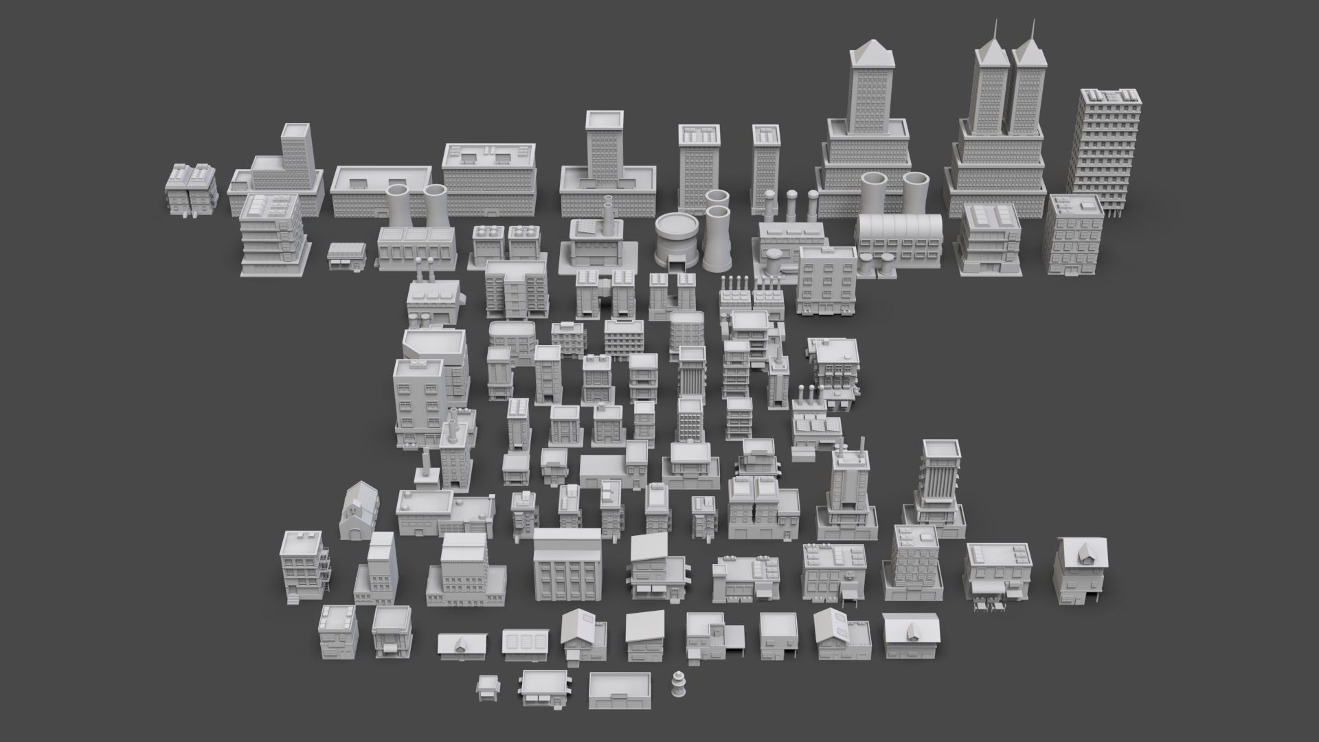 Low Poly City Buildings Pack Of 90 - Game Ready - Untextured  3D model_4