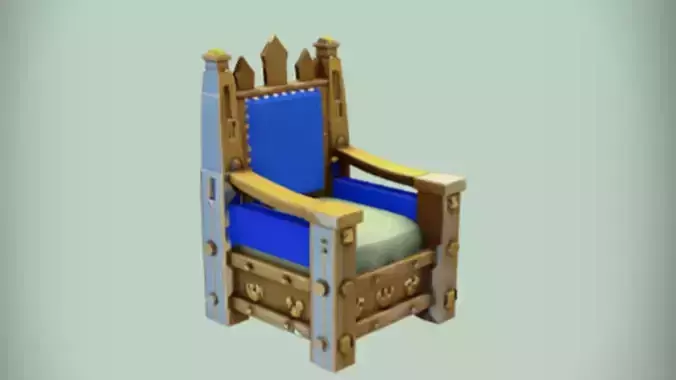ornate wooden throne with blue upholstery