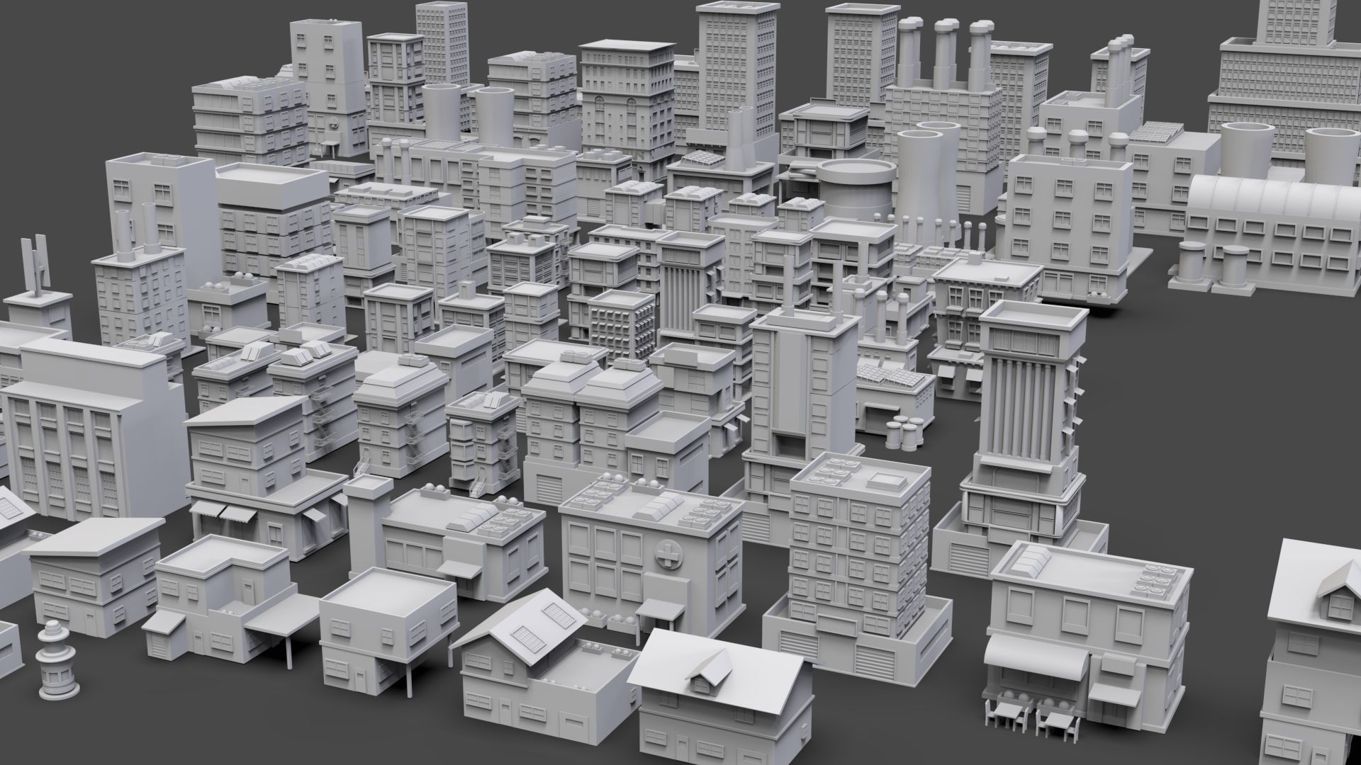 Low Poly City Buildings Pack Of 100 - Game Ready - Untextured  3D model_5
