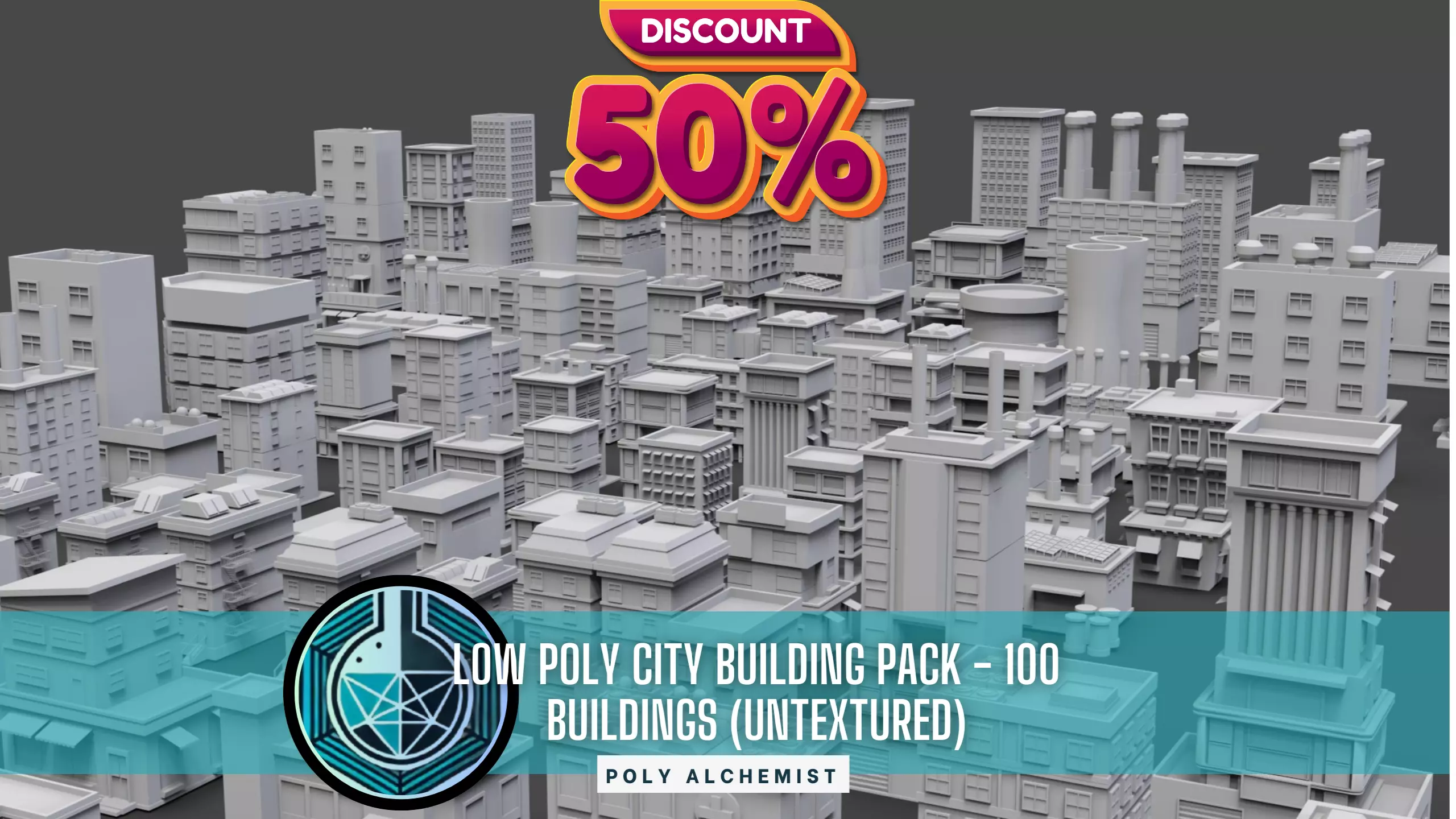 Low Poly City Buildings Pack Of 100 - Game Ready - Untextured  3D model_0
