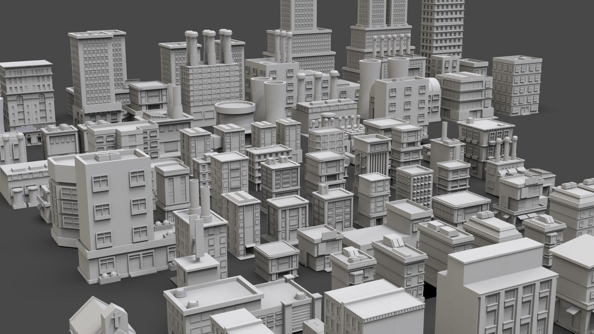 Low Poly City Buildings Pack Of 100 - Game Ready - Untextured  3D model_7