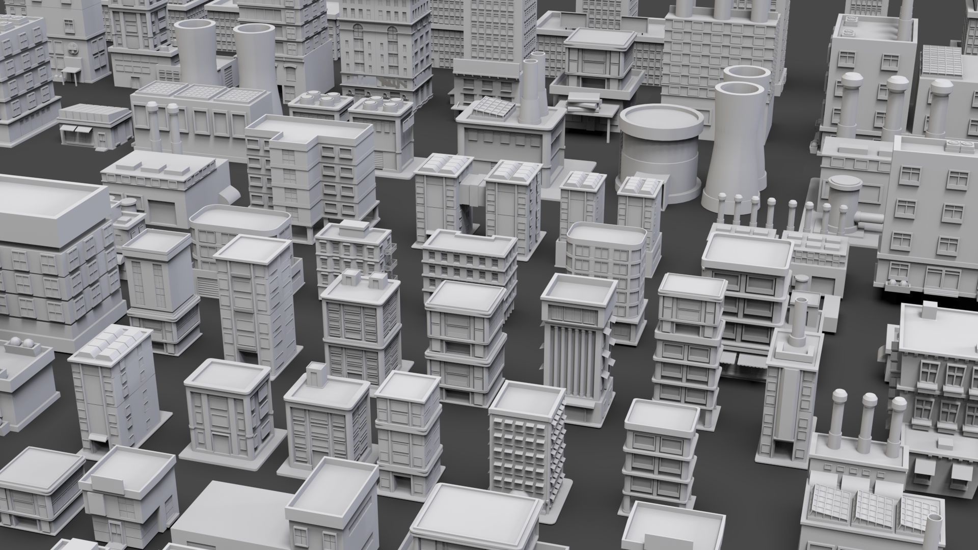 Low Poly City Buildings Pack Of 100 - Game Ready - Untextured  3D model_8