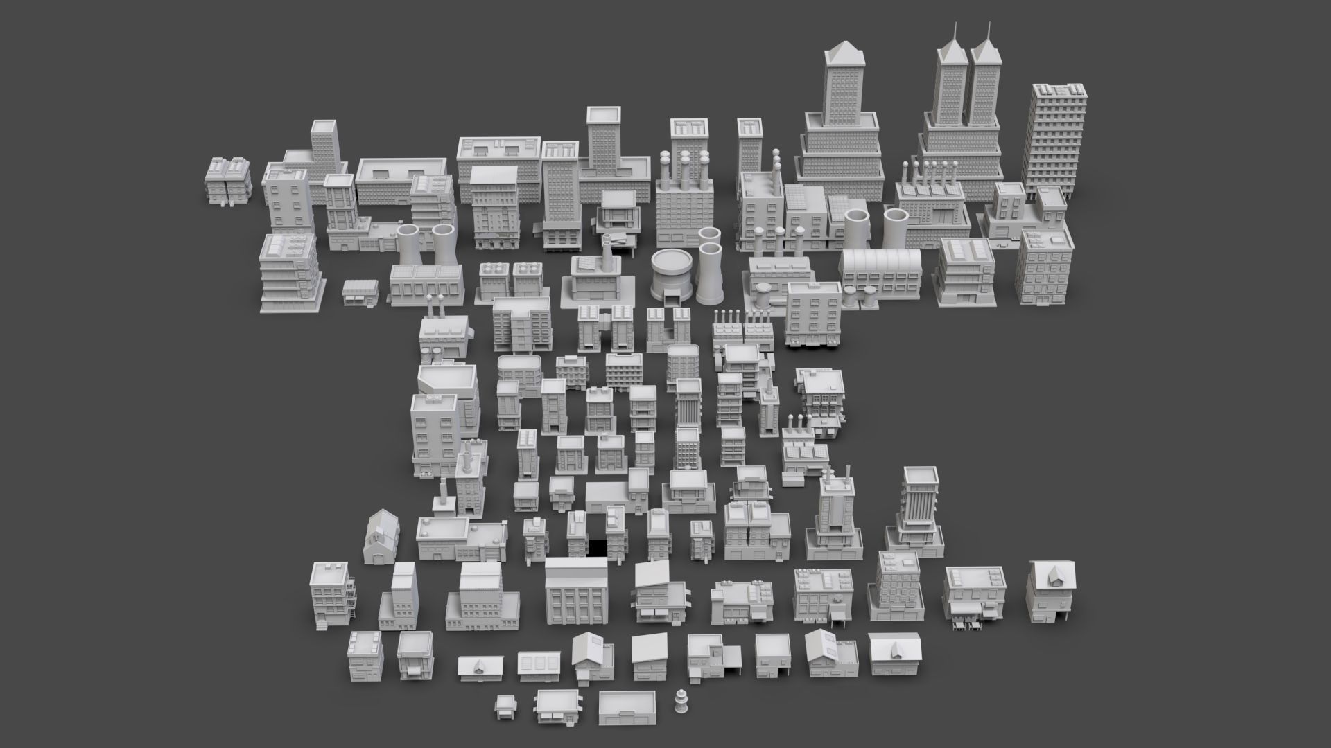 Low Poly City Buildings Pack Of 100 - Game Ready - Untextured  3D model_10