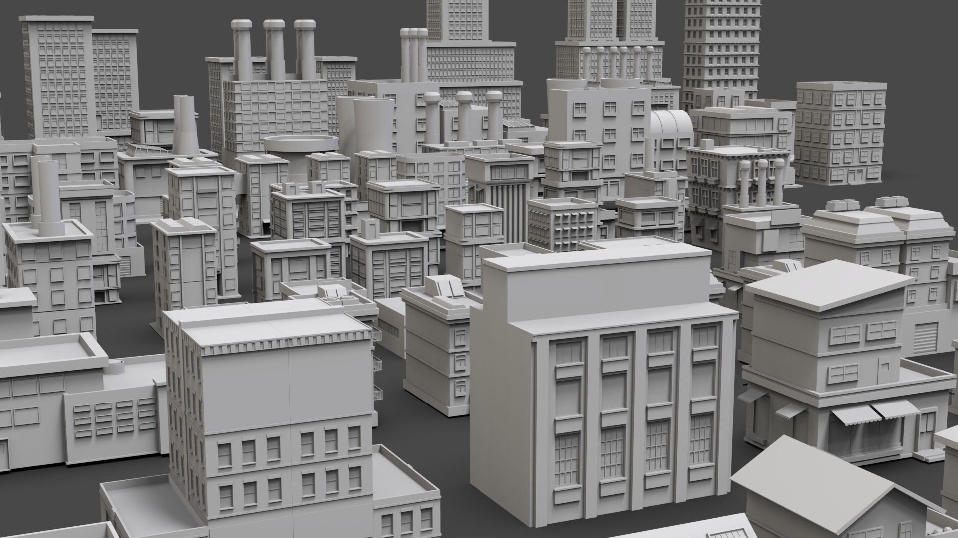 Low Poly City Buildings Pack Of 100 - Game Ready - Untextured  3D model_2