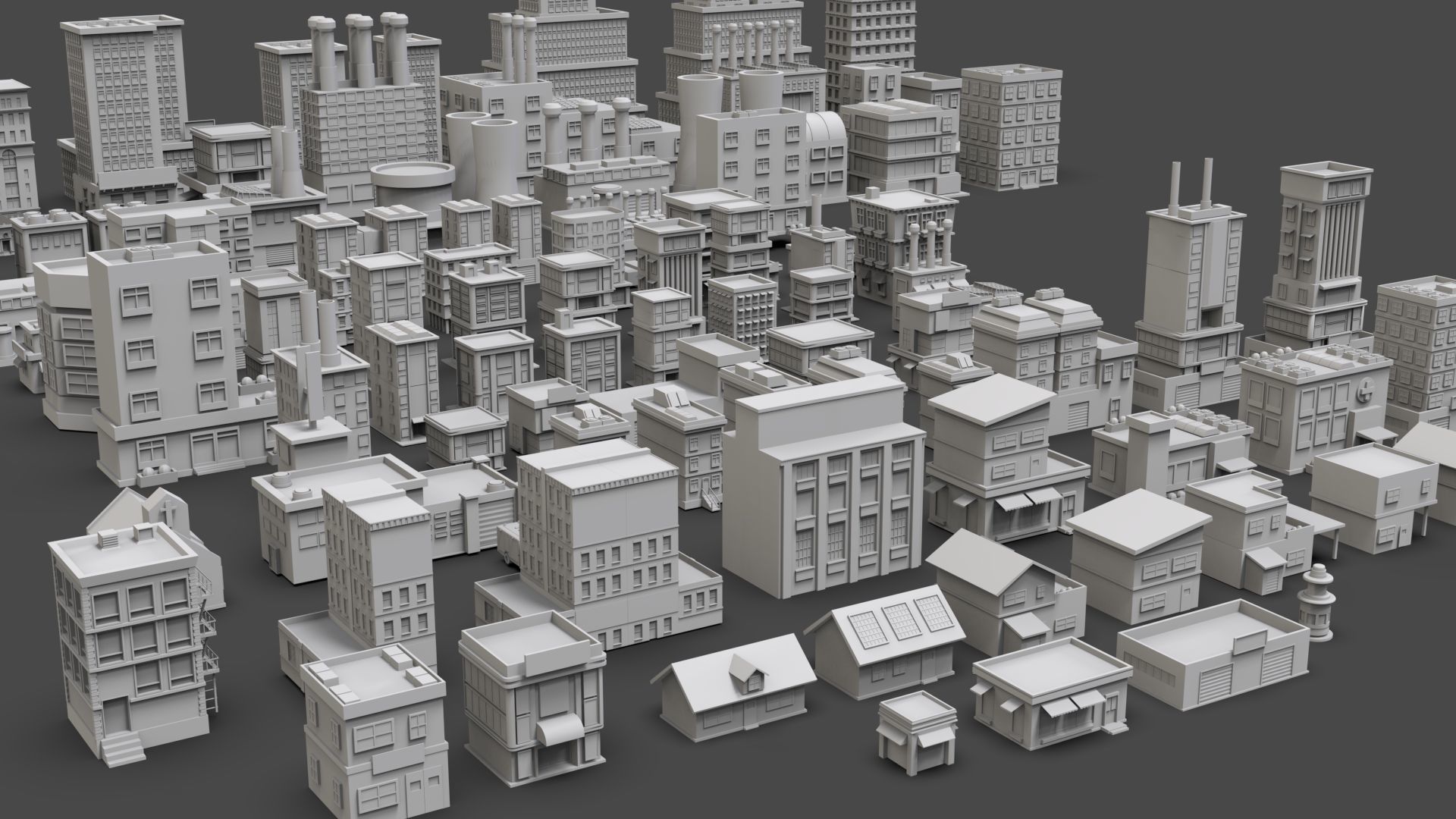 Low Poly City Buildings Pack Of 100 - Game Ready - Untextured  3D model_4