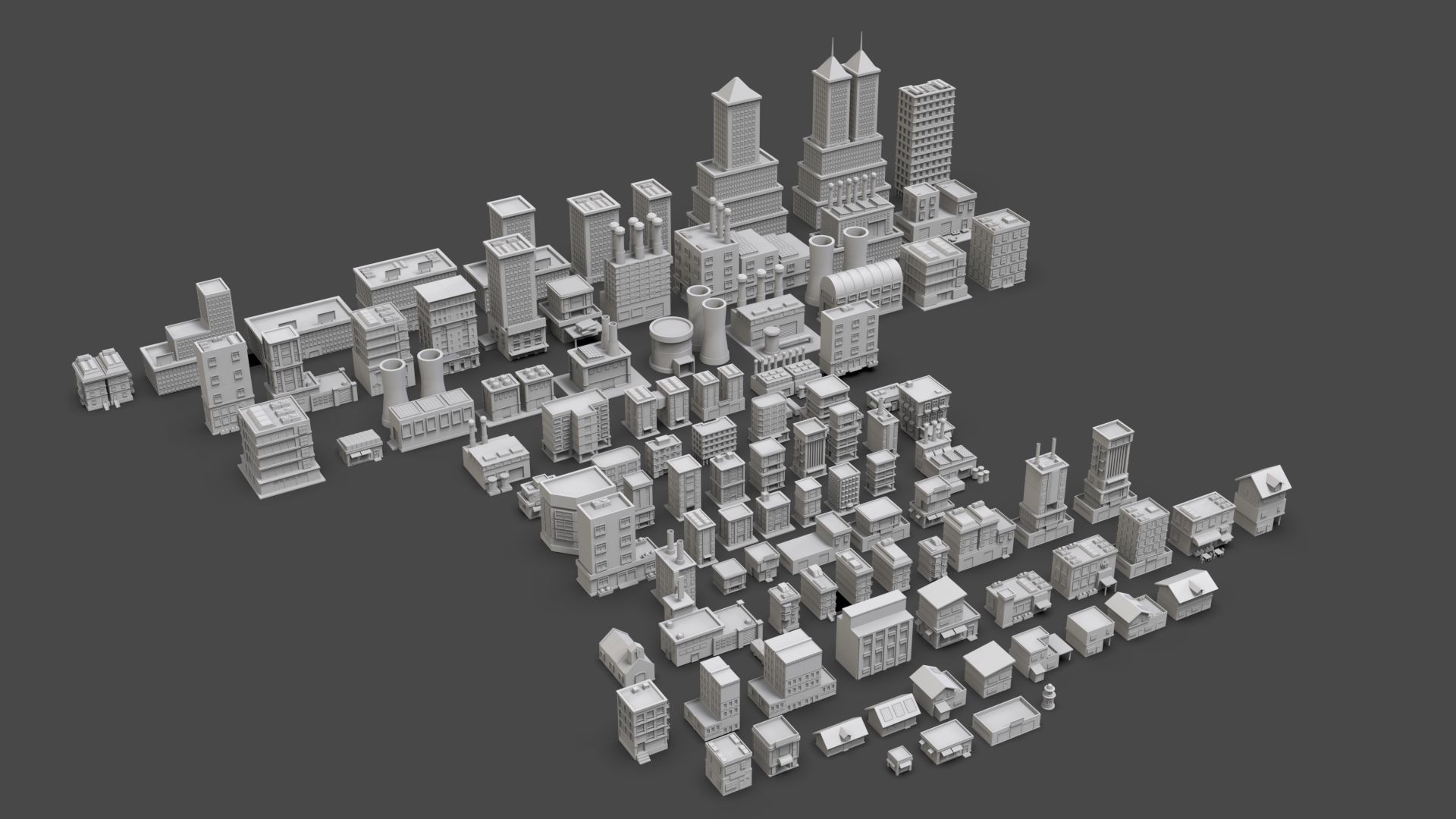 Low Poly City Buildings Pack Of 100 - Game Ready - Untextured  3D model_9