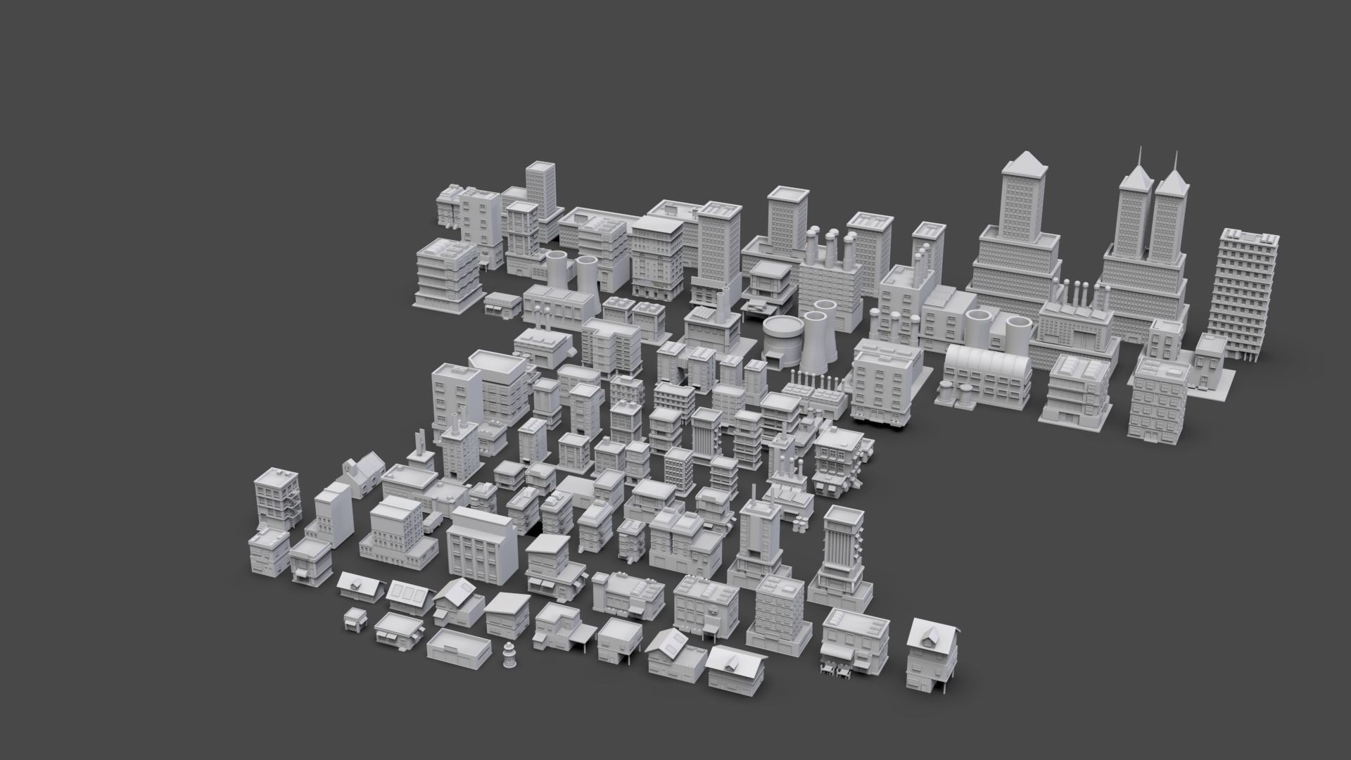 Low Poly City Buildings Pack Of 100 - Game Ready - Untextured  3D model_27
