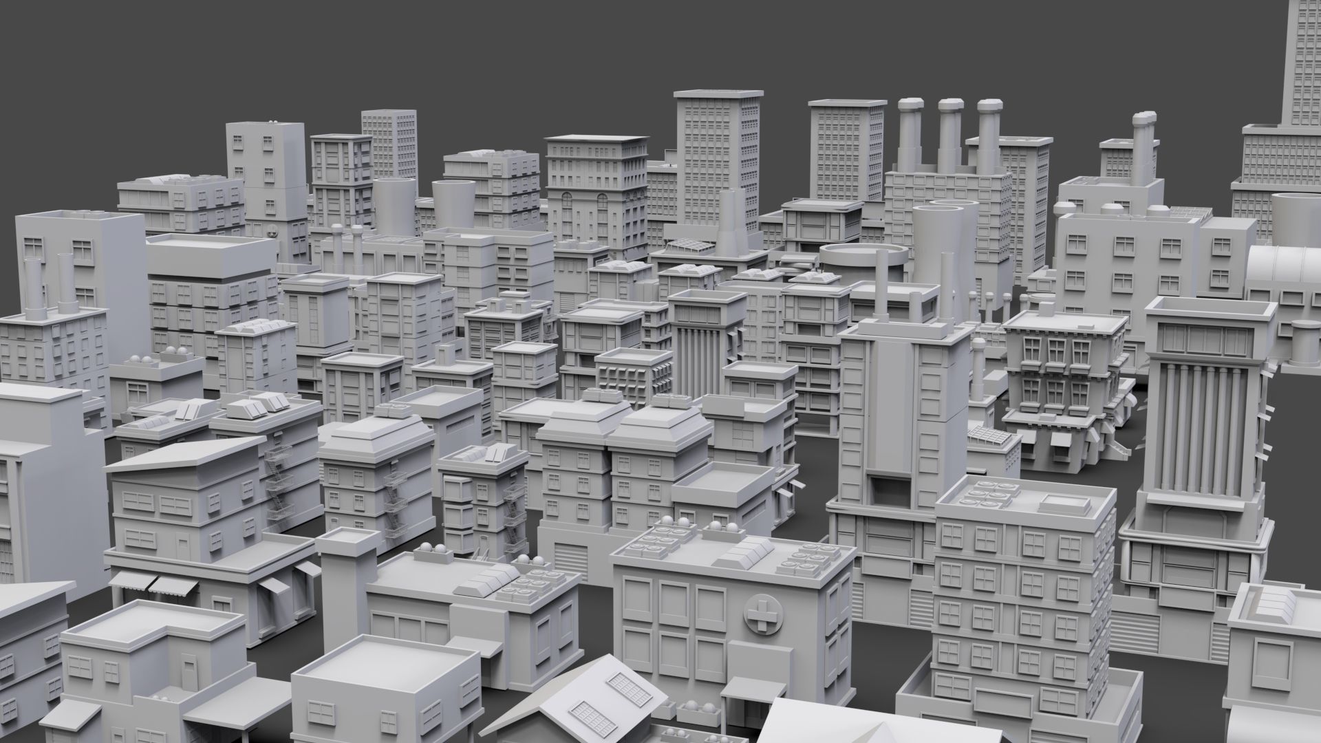 Low Poly City Buildings Pack Of 100 - Game Ready - Untextured  3D model_1