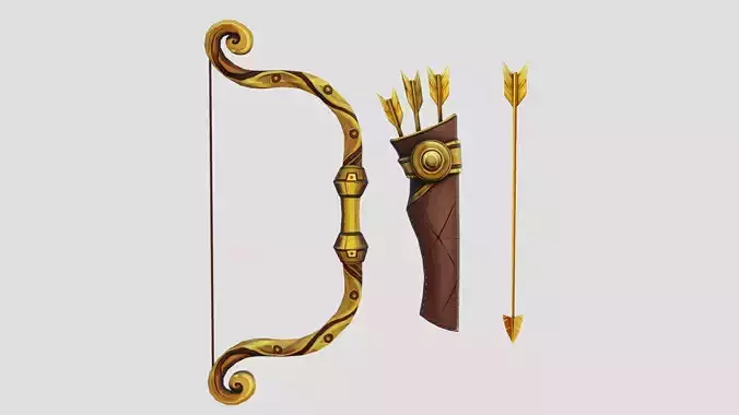 Golden Bow Gold Arrow Brown Leather Quiver Lowpoly Weapons