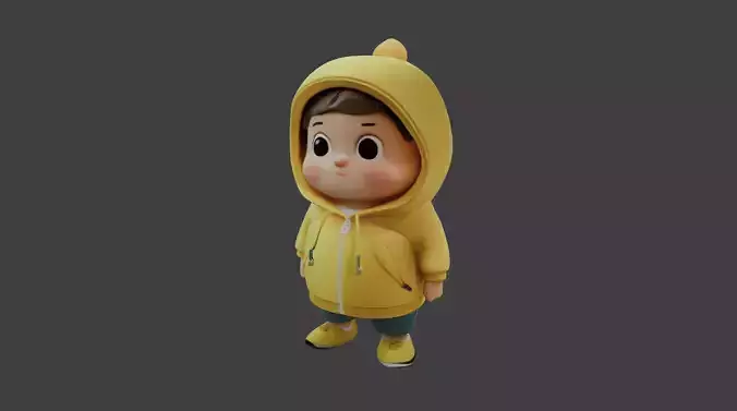 Adorable 3D Cartoon Character in Yellow Hoodie  
